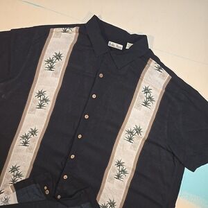 VTG Hollis River Mens 3XL Shirt Black Palm Tree Rayon Button Y2K Tiki Hawaiian